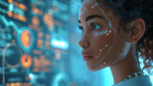 Close-up of a woman with digital facial mapping in a futuristic environment.