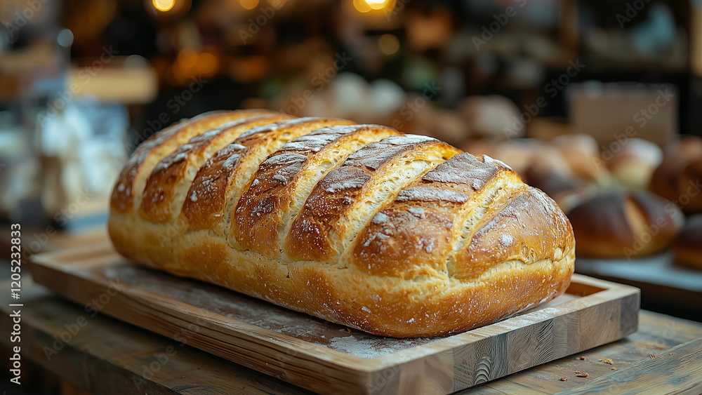 Close-up of a loaf of bread with brown crust placed on the wooden tray in a bakery shop, fresh bake and soft Close-up of a loaf of bread with brown crust placed on the wooden tray in a bakery shop, fresh bake and soft