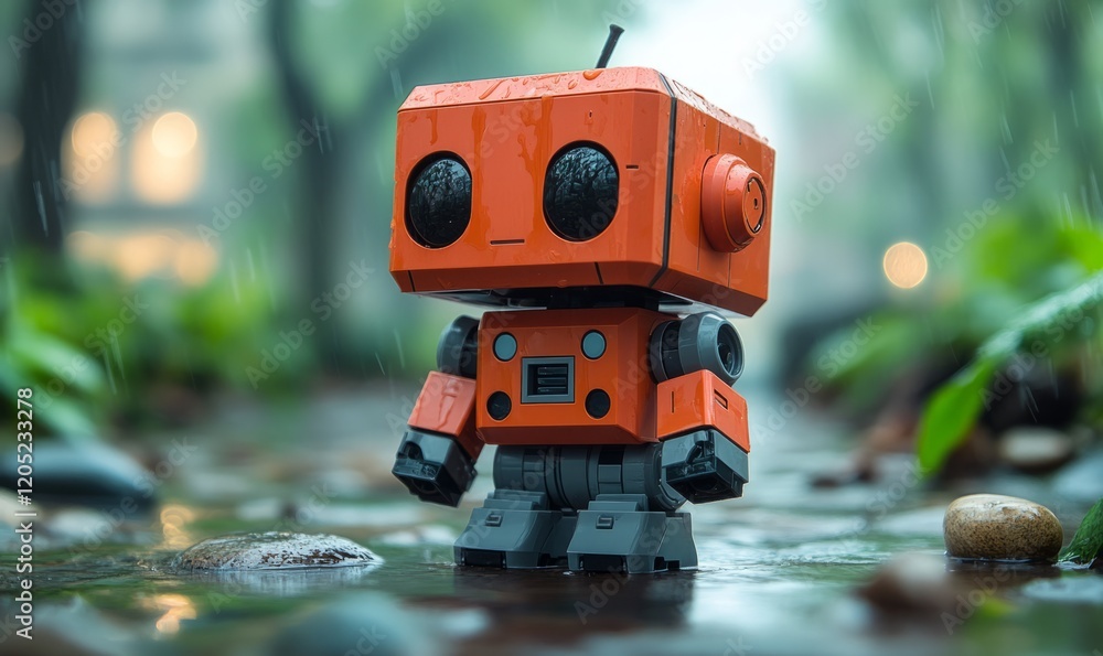 Miniature robot standing in rain-soaked garden path at dusk Miniature robot standing in rain-soaked garden path at dusk