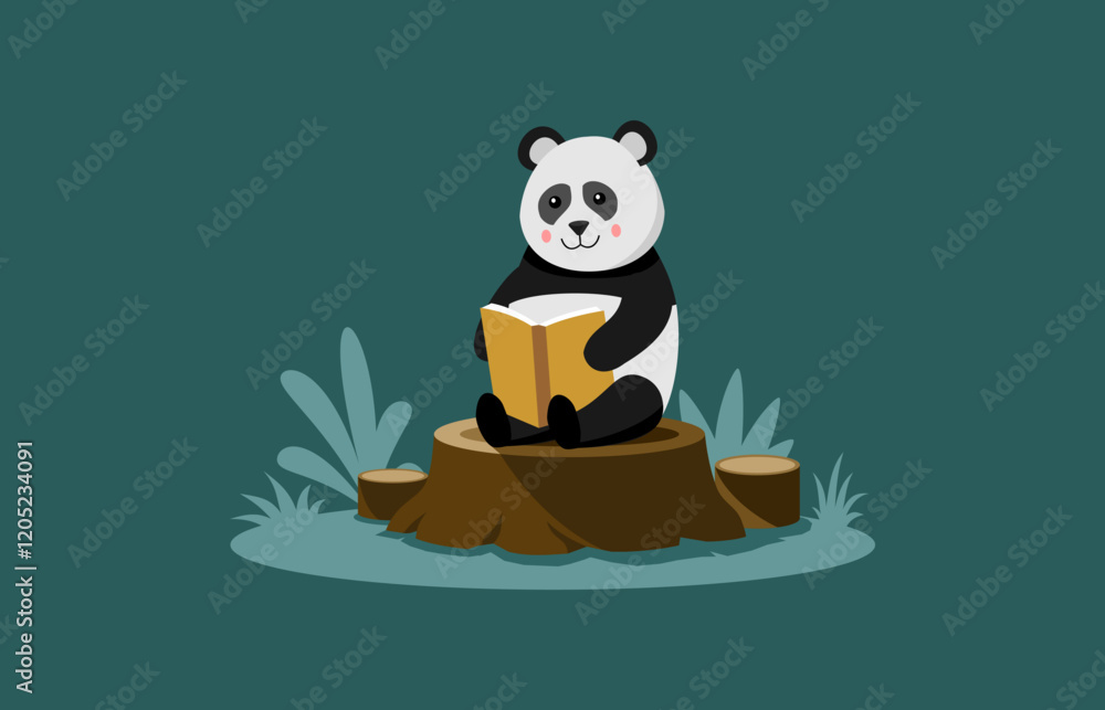 Fototapeta premium A panda cartoon sitting on the log reading a book