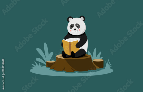 A panda cartoon sitting on the log reading a book