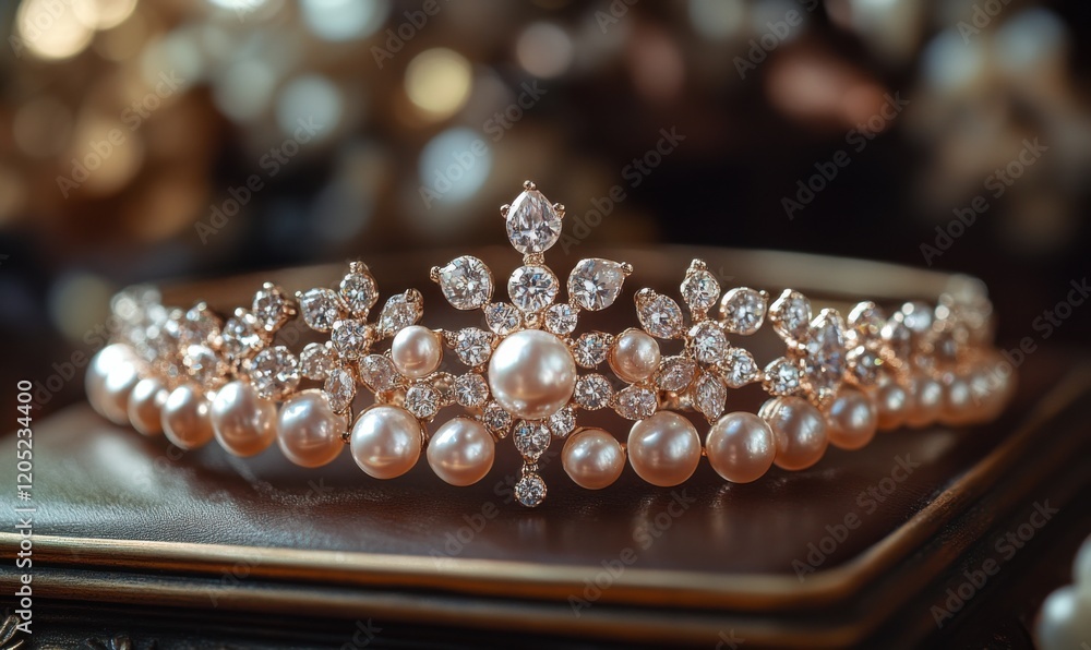 Elegant pearl and diamond tiara displayed on a luxurious surface Elegant pearl and diamond tiara displayed on a luxurious surface