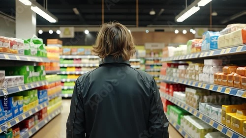 Wallpaper Mural Person Shopping in Supermarket Aisle, Grocery Store Interior, Shelves, Products, Consumer, Shopping Experience Torontodigital.ca