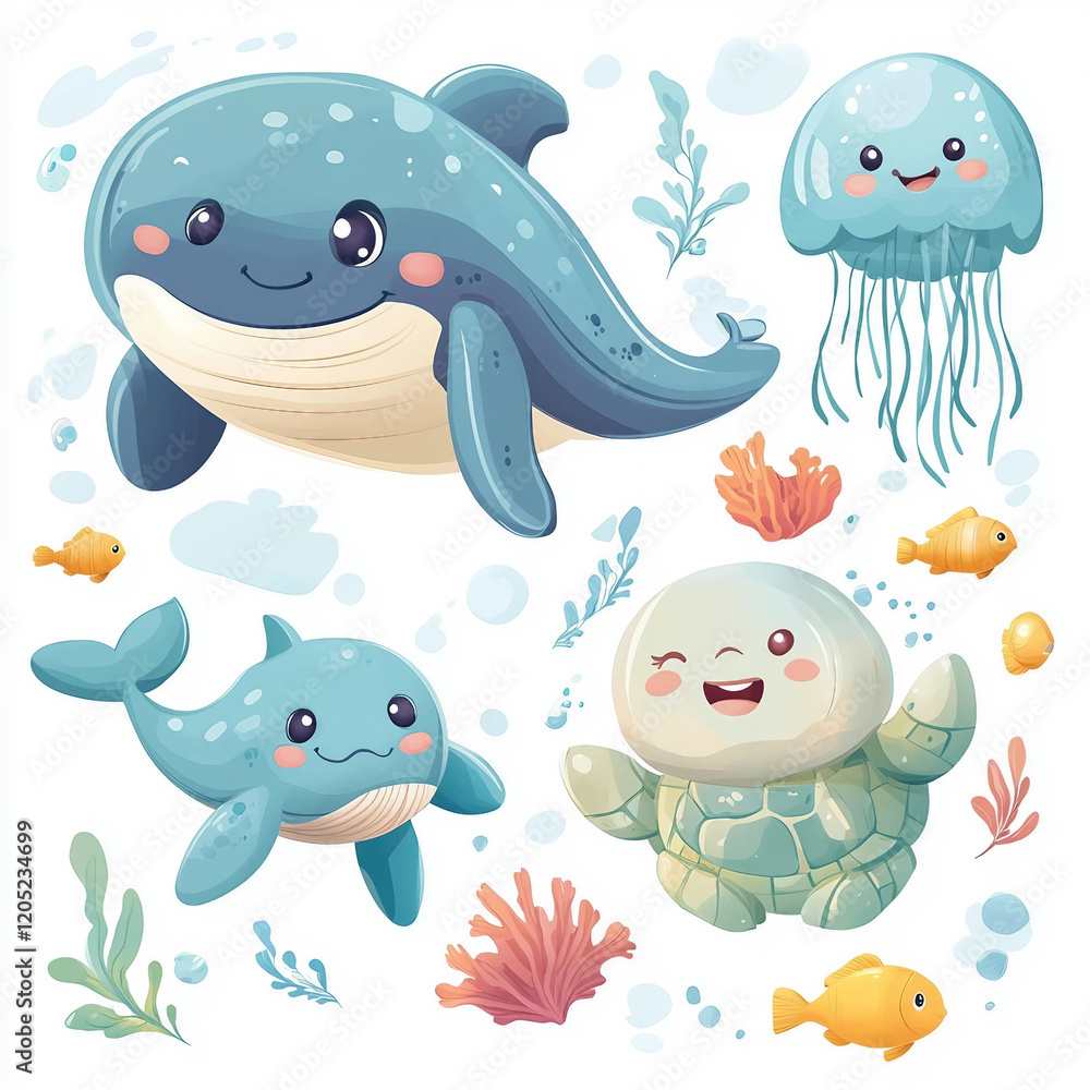 A set of cartoon sea creatures including a turtle, a jellyfish, a dolphin A set of cartoon sea creatures including a turtle, a jellyfish, a dolphin