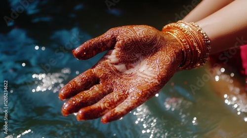 North America, USA, Washington. Indian Mehendi celebration. Henna application and rituals. Hand. photo