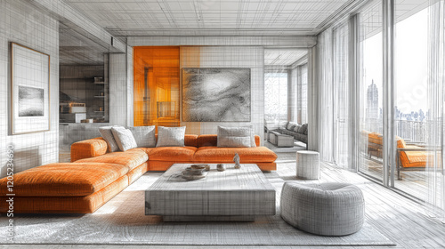 A mesmerizing image that transitions seamlessly from a vibrant color photograph to a finely detailed pencil drawing of a modern living room. Generative AI photo