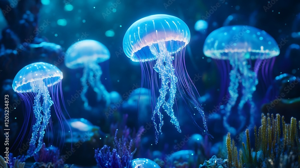 Bioluminescent Jellyfish Glowing in the Ocean Depths Bioluminescent Jellyfish Glowing in the Ocean Depths
