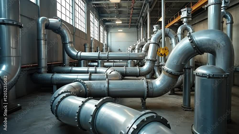 Industrial Piping System, Complex Pipe Network, Metal Pipes, Industrial Facility, Factory Interior, Plumbing, Infrastructure, Pipes and Fittings
