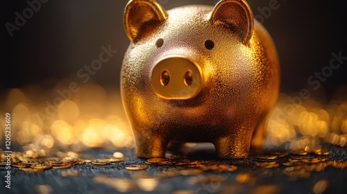 Golden piggy bank surrounded by scattered coins, symbolizing savings and financial growth photo