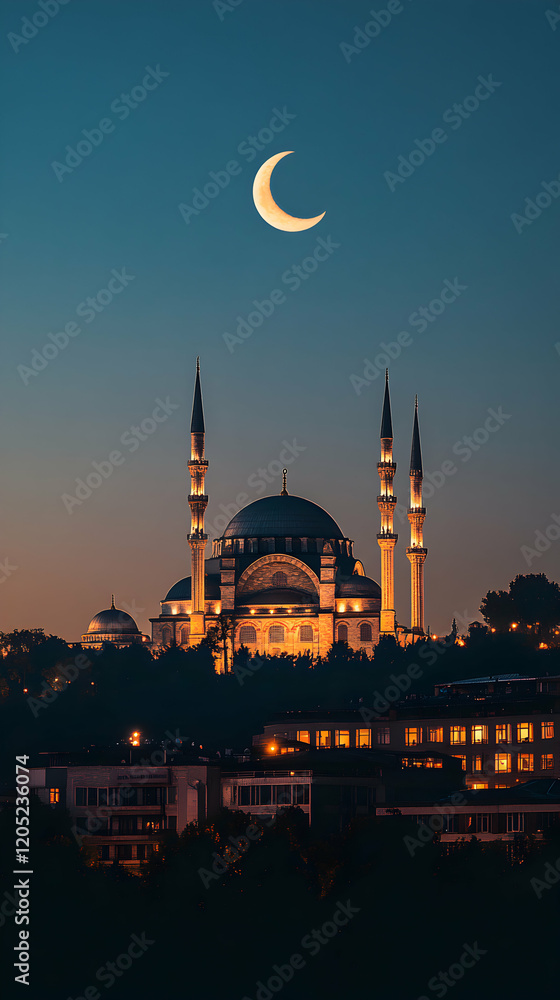 Fototapeta premium Crescent Moon over Illuminated Mosque at Night
