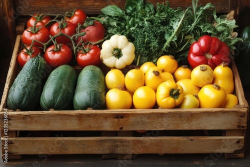 Farm-to-Table Veggies - Fresh farm vegetables like squash, tomatoes, and onions arranged on a wooden crate. photo