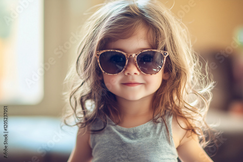 Little girl at indoors with sunglasses