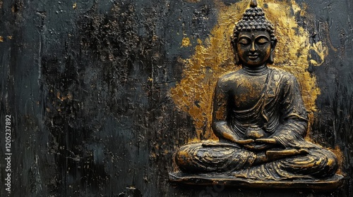 Oil painting artistic image of enligtened sitting buddha, painted in gold on a black piece of wood