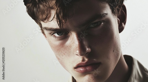 Close-up of a young man with a strong jawline dark stubble and a button-down shirt looking serious on a white background. photo