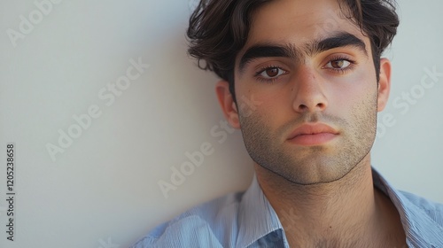 Close-up of a young man with a strong jawline dark stubble and a button-down shirt looking serious on a white background. photo