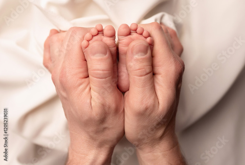 Baby feet of a newborn in dad's hands. On a white background.	