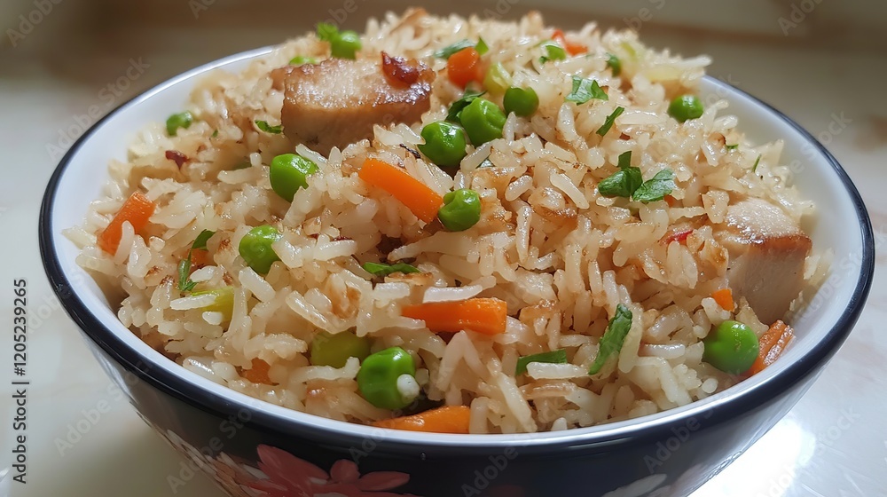 Delicious chicken fried rice with peas and carrots in a bowl. Delicious chicken fried rice with peas and carrots in a bowl.