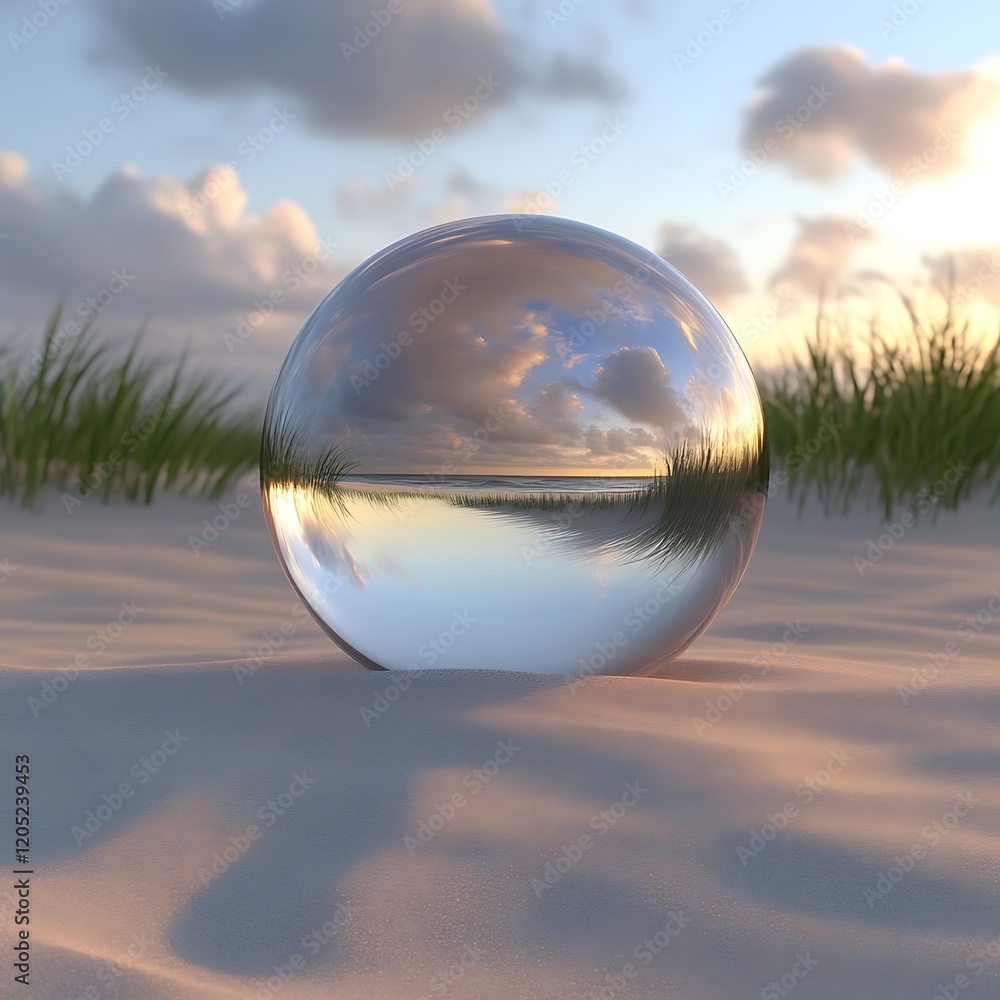 Glass Orb Reflecting Serene Beach Sunset Glass Orb Reflecting Serene Beach Sunset