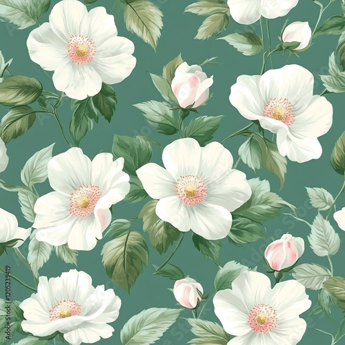 Wallpaper Mural White Flowers Bloom Beautifully on Teal Background, Creating a Serene and Elegant Floral Design Pattern, Ideal for Textile Prints and Wallpapers. Torontodigital.ca