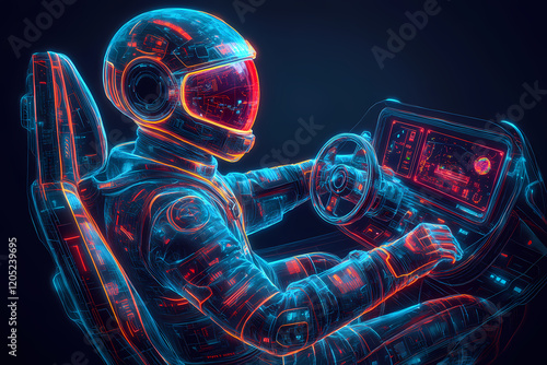 pilot navigating a radiant holographic aircraft through a virtual galaxy