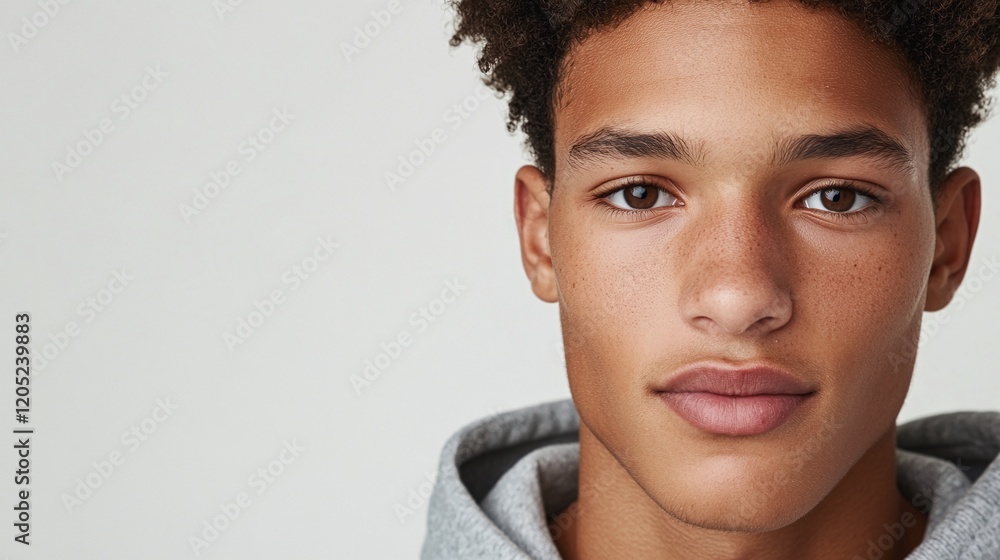 Close-up portrait of a young man with dark brown eyes wearing a simple gray hoodie and a neutral expression on a white background. Close-up portrait of a young man with dark brown eyes wearing a simple gray hoodie and a neutral expression on a white background.
