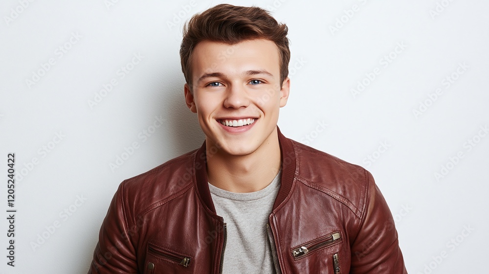 Headshot of a young man with piercing blue eyes wearing a leather jacket over a casual t-shirt smiling confidently on a white backdrop. Headshot of a young man with piercing blue eyes wearing a leather jacket over a casual t-shirt smiling confidently on a white backdrop.