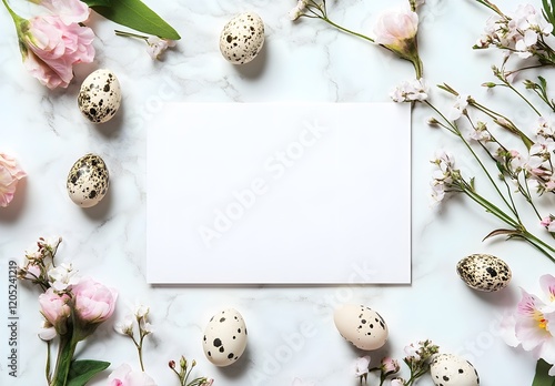 Creative easter flat lay with white paper blank