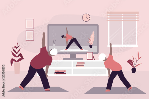 Yoga of elder couple at home. Online lesson, yoga teacher on tv screen. Grandparents in asana poses, stretching and active lifestyle. Fitness, hatha yoga and athletes.