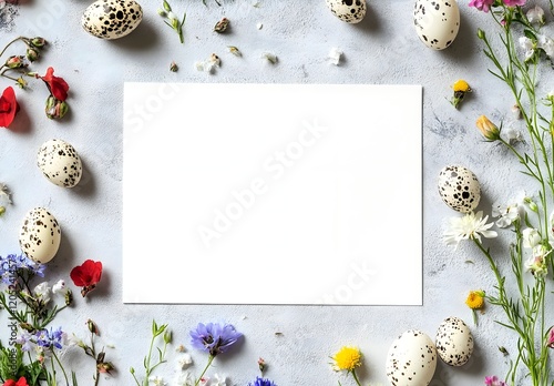 Creative easter flat lay with white paper blank