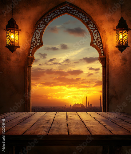 Sunset view from an ornate archway, with illuminated lanterns framing a cityscape and mosque silhouettes at dusk. photo