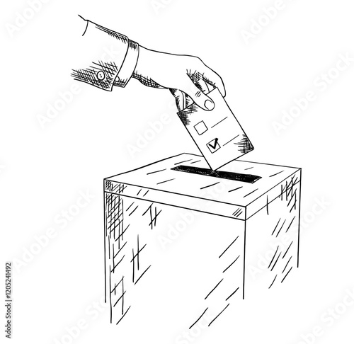 lection day concept. Ballot Box Voting. Hand of person deliver their vote. Ballot at the polling station. Isolated Hand drawn sketch
