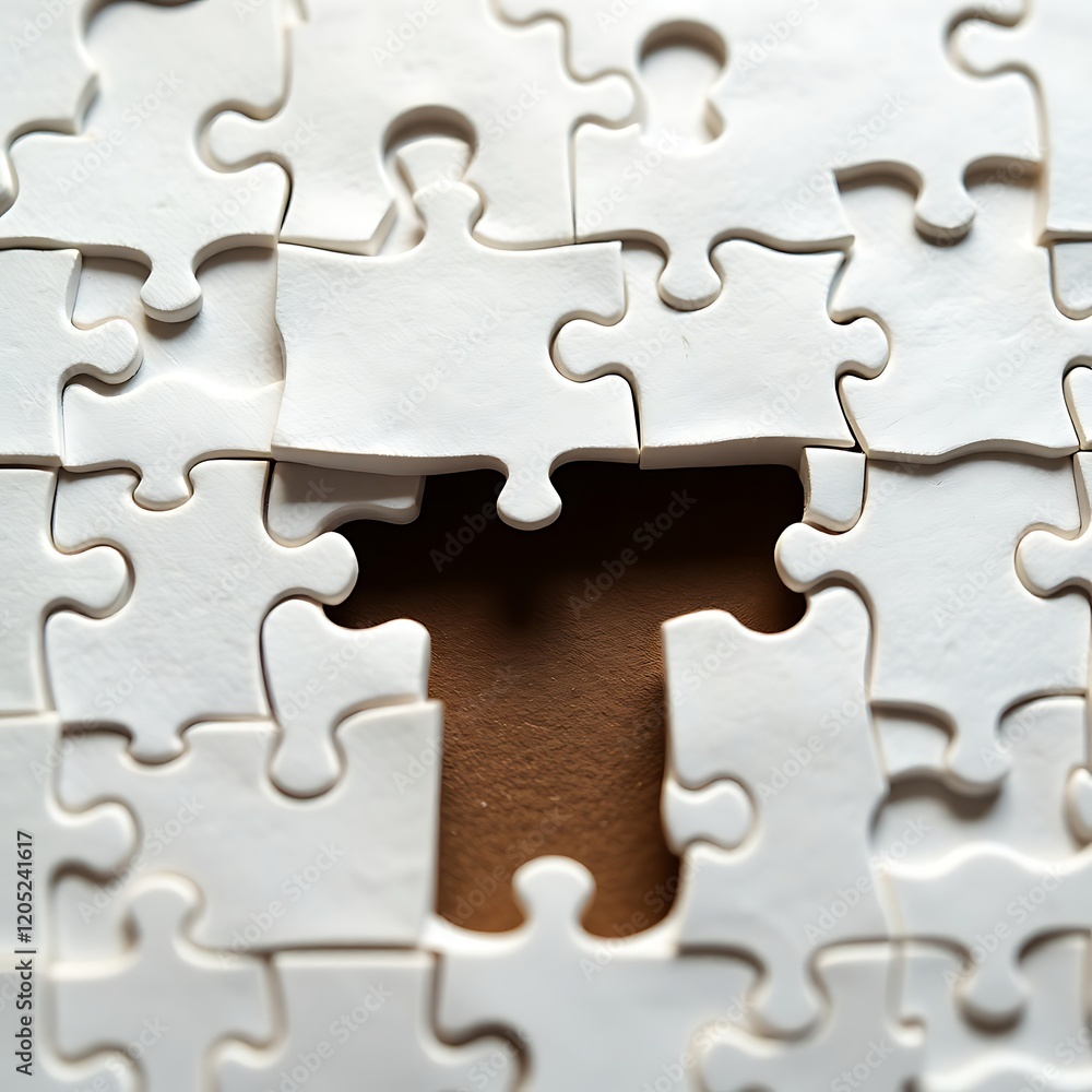 Incomplete white jigsaw puzzle on brown background. Incomplete white jigsaw puzzle on brown background.