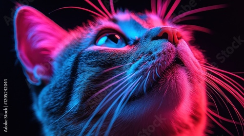 Neon Cat Portrait, Studio, Dark Background, Pet Poster