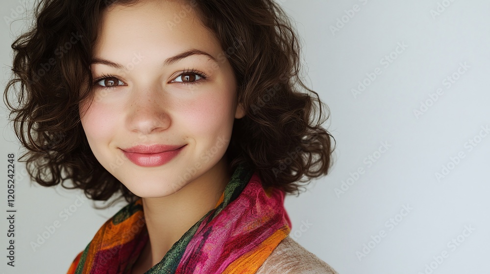 Portrait of a young woman with curly dark brown hair wearing a colorful scarf and a gentle smile set on a plain white background. Portrait of a young woman with curly dark brown hair wearing a colorful scarf and a gentle smile set on a plain white background.