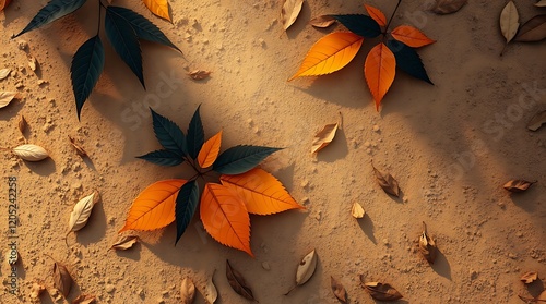 Autumn leaves on textured surface, sunlight.