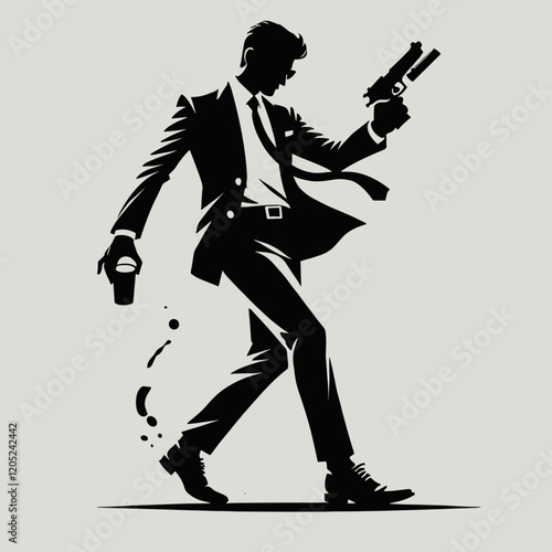 Stylish man with a gun and a coffee cup, walking confidently, black silhouette, minimalistic design