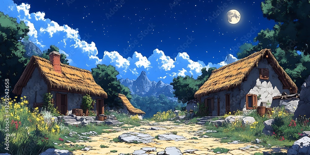 Obraz premium Moonlit Village Path, Mountain View, Game Background