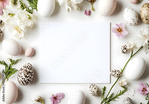 Creative easter flat lay with white paper blank