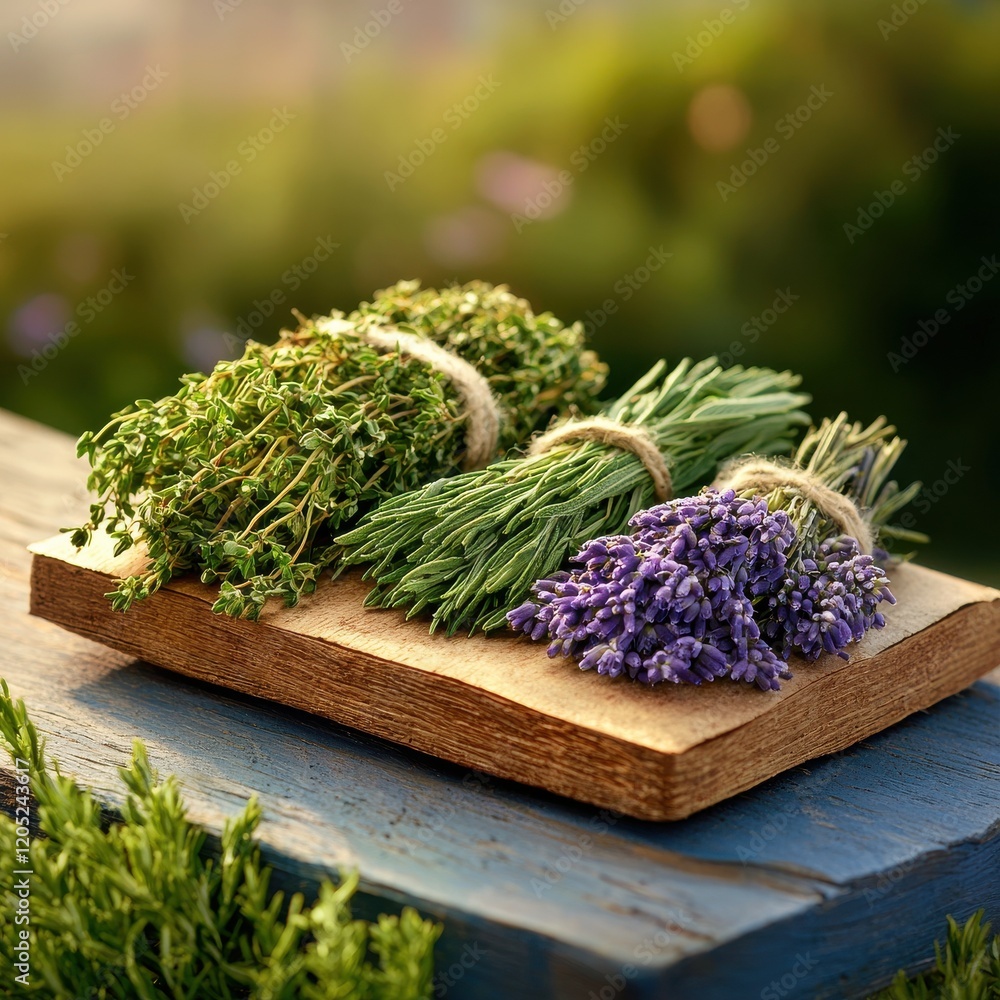 Arrangement of dried herbs and flowers on a rustic table during golden hour closeup vibrant nature Arrangement of dried herbs and flowers on a rustic table during golden hour closeup vibrant nature