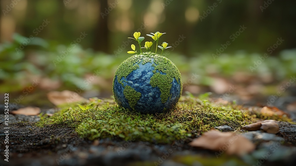 A small globe covered in moss and tiny plants, symbolizing environmental renewal in a forest