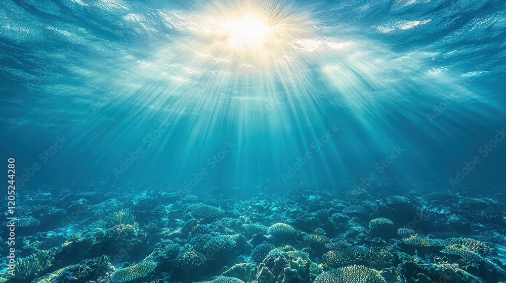 Underwater scene featuring diverse marine life coral reef closeup clear water sunlight rays Underwater scene featuring diverse marine life coral reef closeup clear water sunlight rays