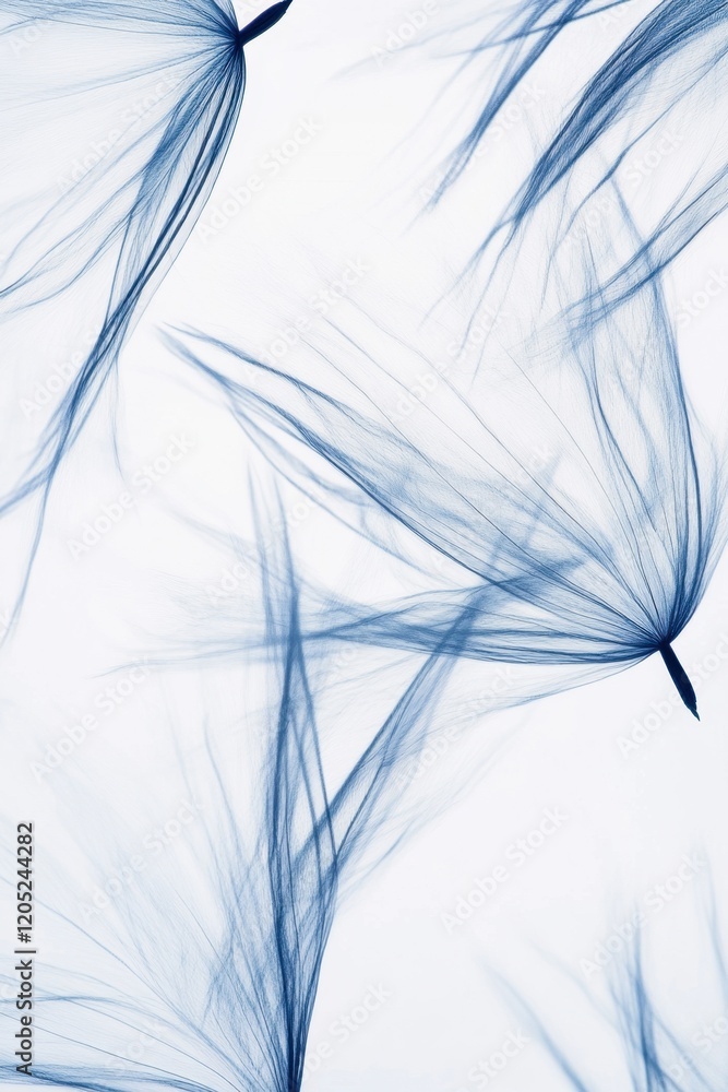 Obraz premium Delicate dandelion seeds float gracefully across a soft white background in intricate blue tones showcasing their unique textures and shapes