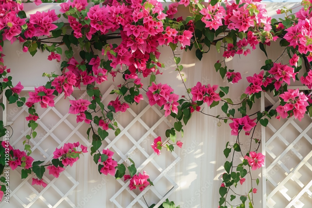 Fototapeta premium Vibrant bougainvillea blooms cascade over a trellis in warm sunlight.