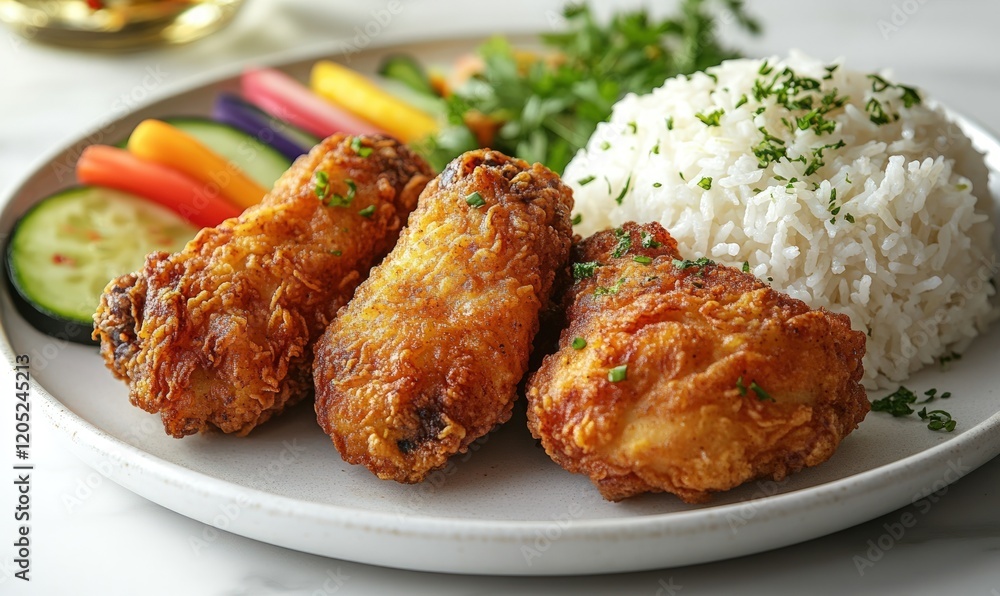 Crispy fried chicken, rice, and colorful vegetables. Crispy fried chicken, rice, and colorful vegetables.