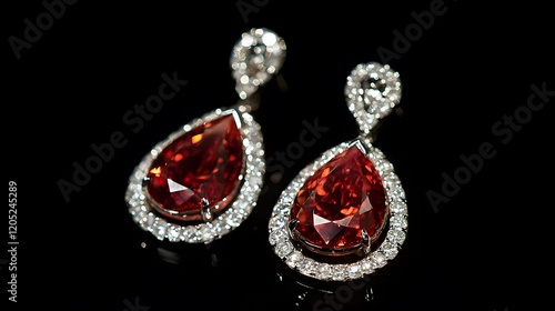 Elegant Pear Drop Ruby Earrings with Diamond Accents on Black Background photo