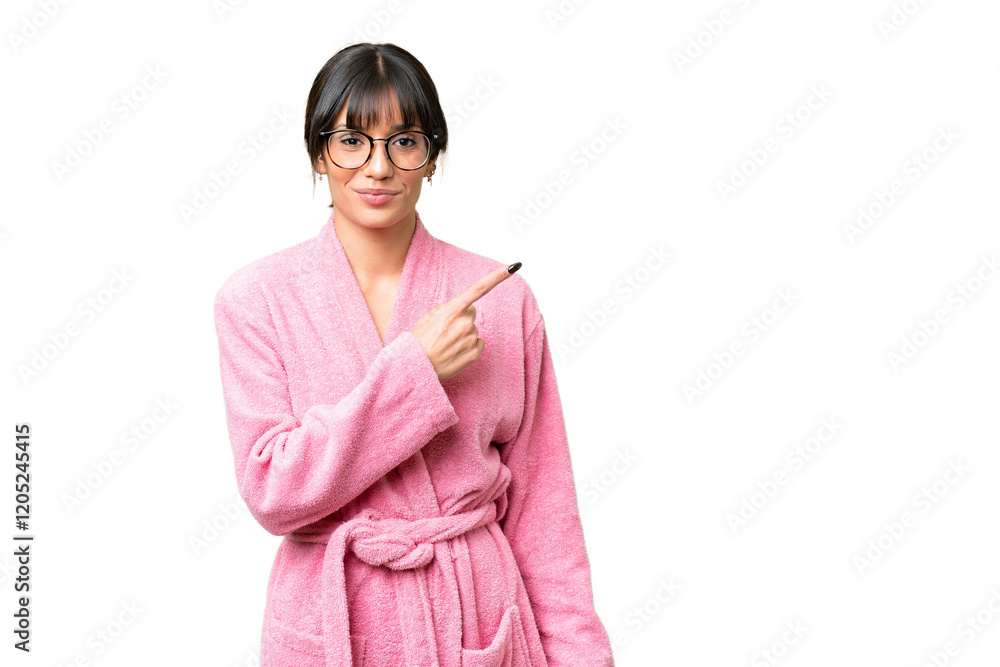 Young woman in bathrobe over isolated chroma key background pointing to the side to present a product Young woman in bathrobe over isolated chroma key background pointing to the side to present a product