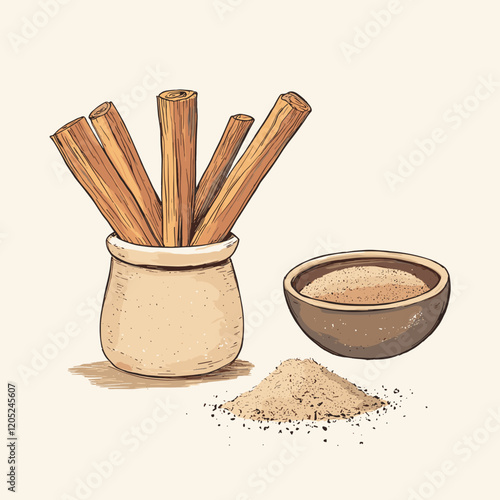 
Line art of sandalwood sticks and powder, styled in earthy beige and brown tones.
