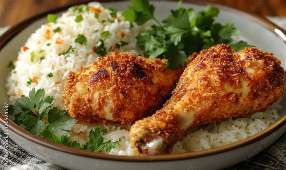 Crispy fried chicken drumsticks, rice, parsley garnish. Crispy fried chicken drumsticks, rice, parsley garnish.