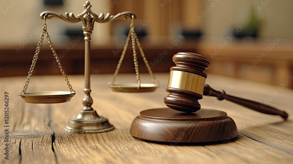 Justice symbols with a gavel and scales on a wooden table, representing law and order in a courtroom Justice symbols with a gavel and scales on a wooden table, representing law and order in a courtroom