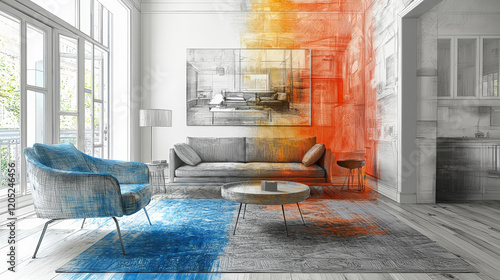 A mesmerizing image that transitions seamlessly from a vibrant color photograph to a finely detailed pencil drawing of a modern living room. Generative AI photo